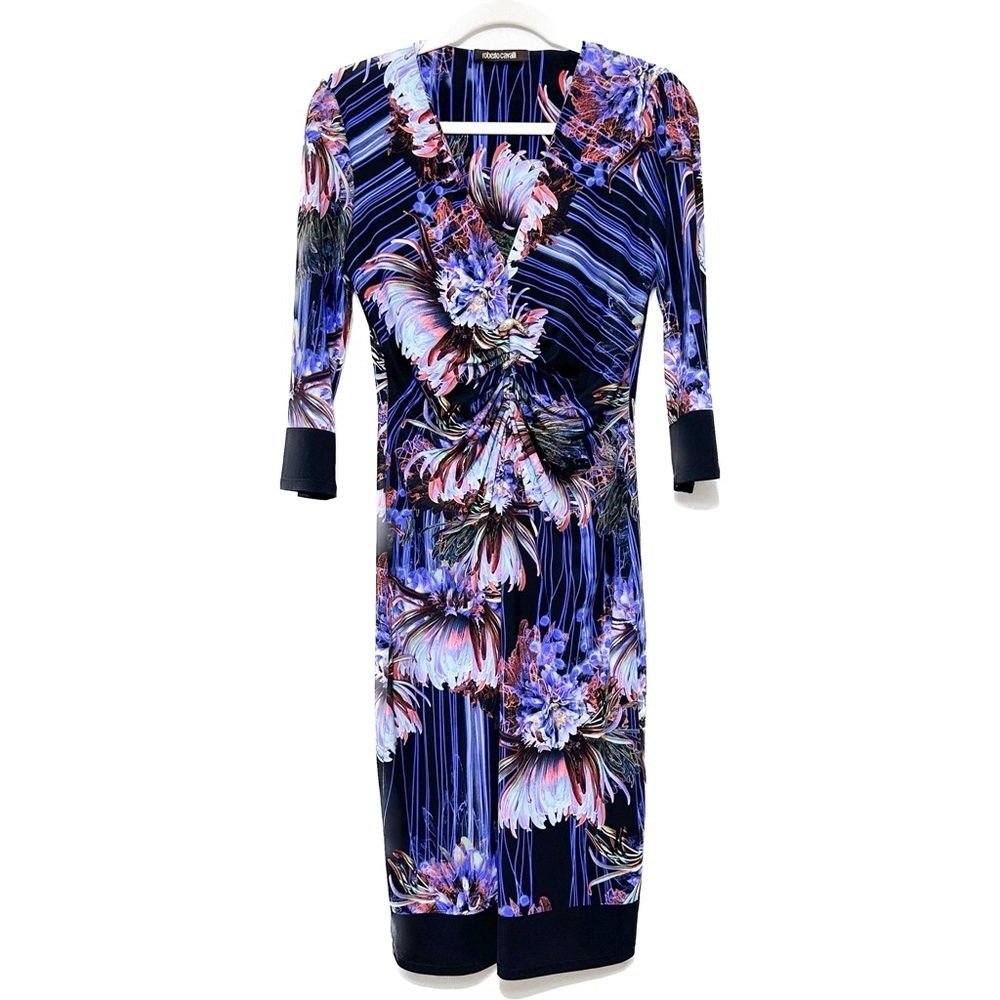 Roberto Cavalli 3/4 Sleeve Snake Brooch Floral Midi Dress Size 44